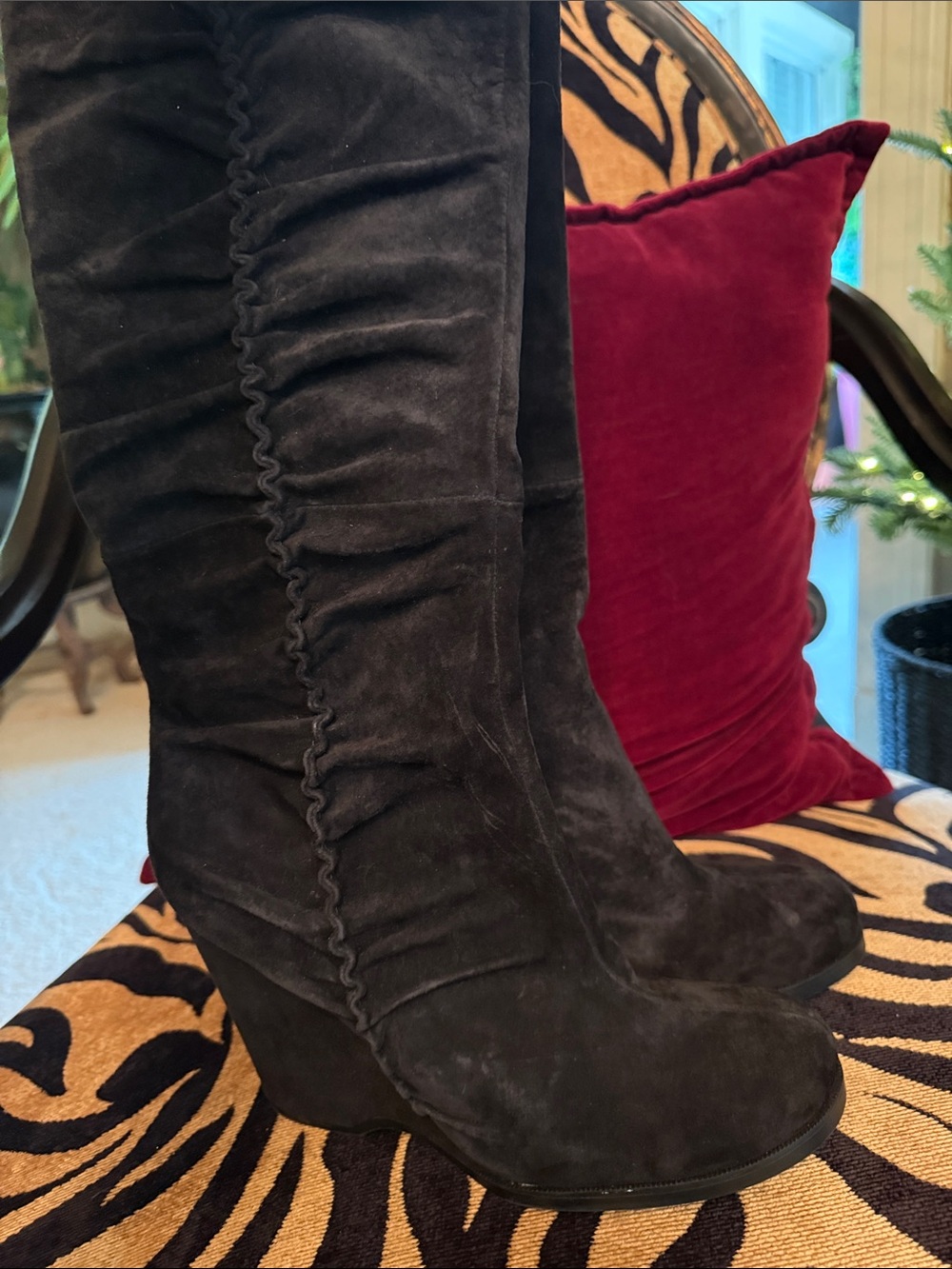 MIA Black Suede Ruched Knee High Wedge Boots